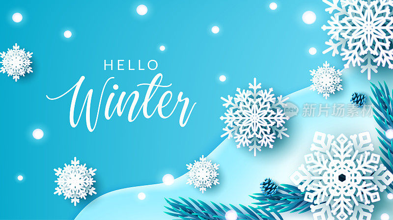 冬季雪花矢量背景设计。Hello winter greeting text with snow flakes paper art pattern element in blue space for snow elements装饰。